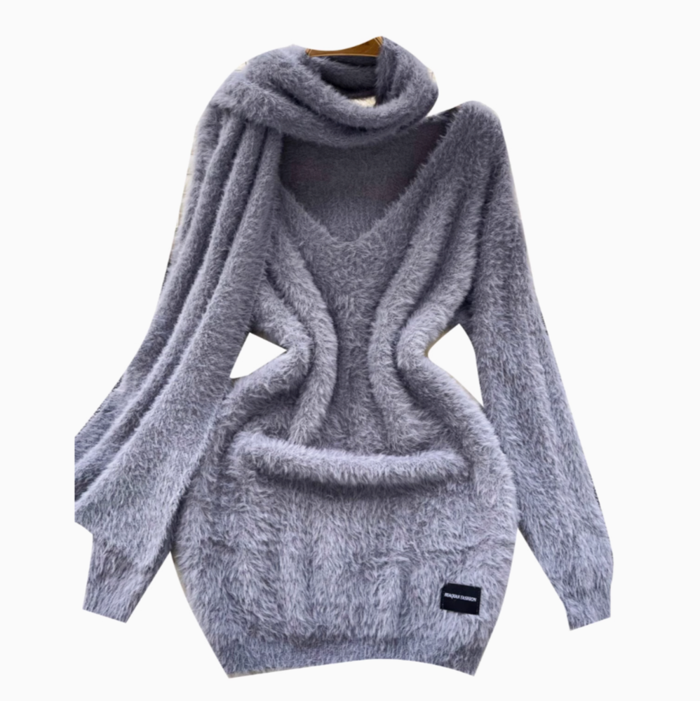 Furry Knitted Dress with Scarf