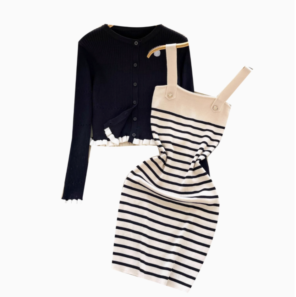 Ruffled Cardigan&Striped Slip Dress 2Pcs