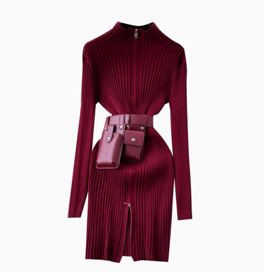 Niche Knitted Dress with Waist Pack