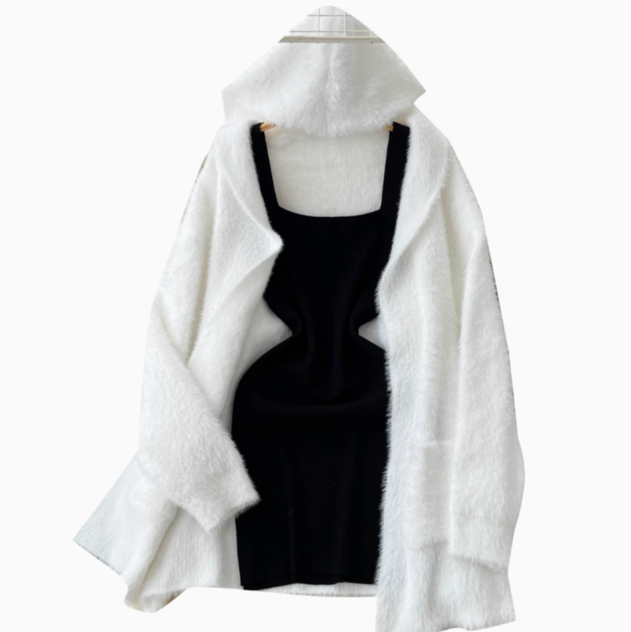 Black Vest Dress&White Cardigan 2Pcs