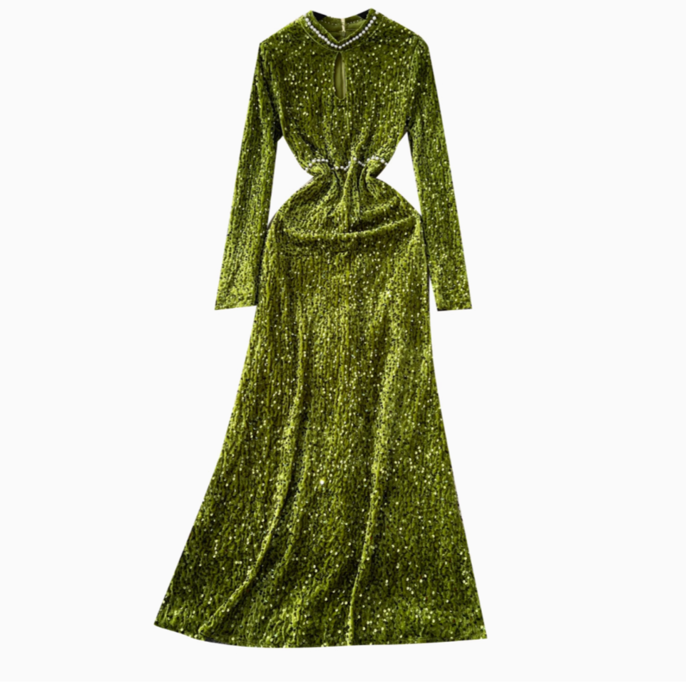Beaded Collar Sequined Velvet Dress