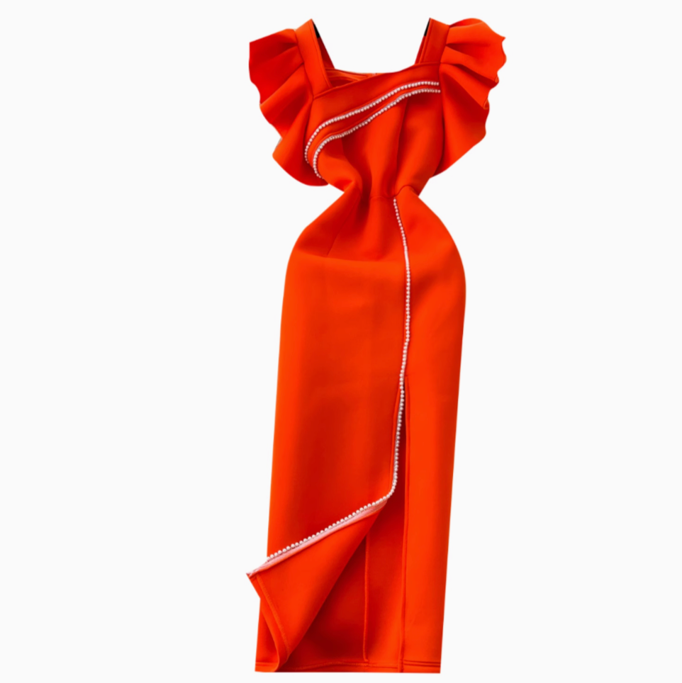 Ruffled Sleeve Sequined Orange Dress