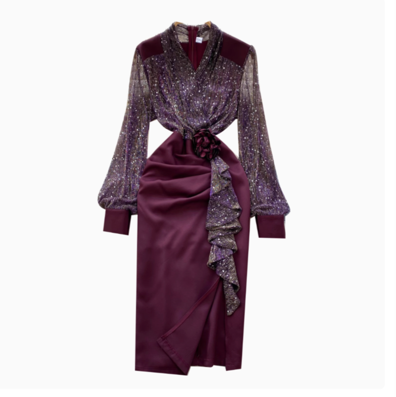 Sequined Mesh Patchwork Satin Dress