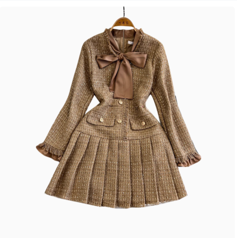 Faux Two-pieces Khaki Pleated Dress
