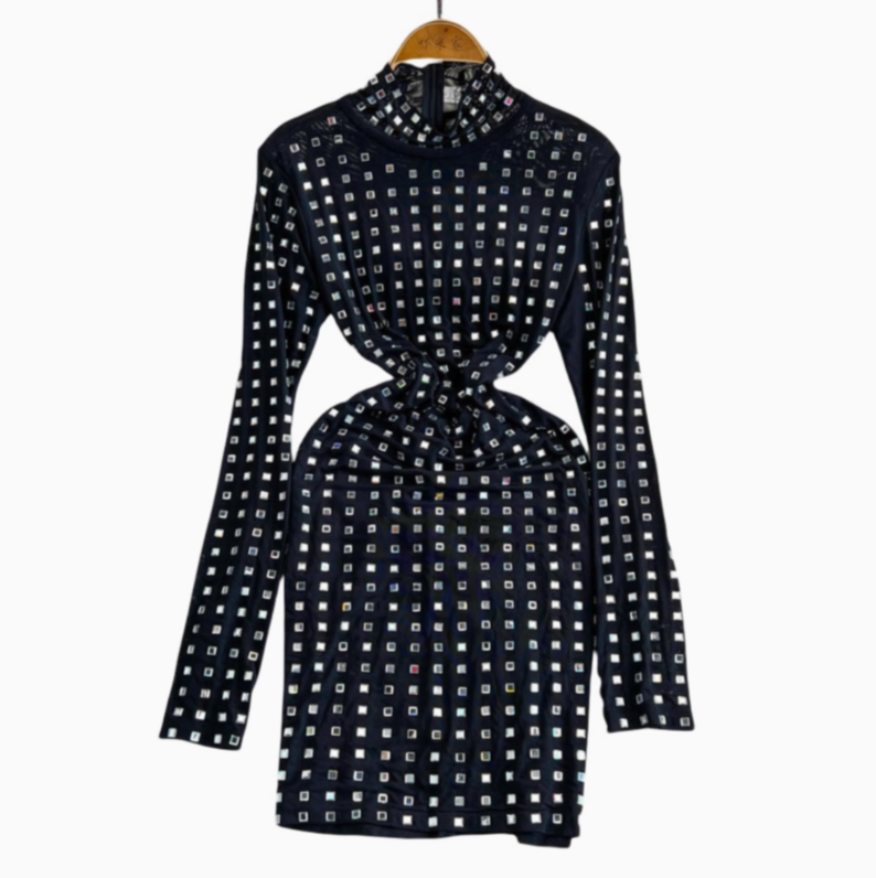 Square Rhinestone Studded Slim Dress