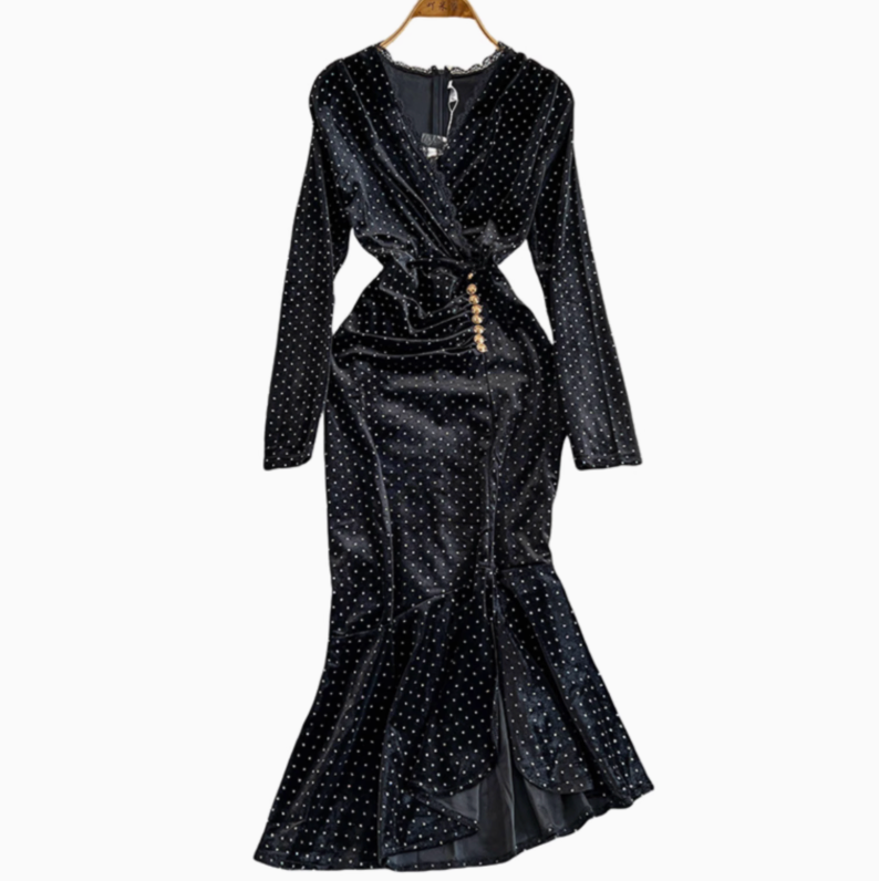 V-neck Beaded Fishtail Suede Dress