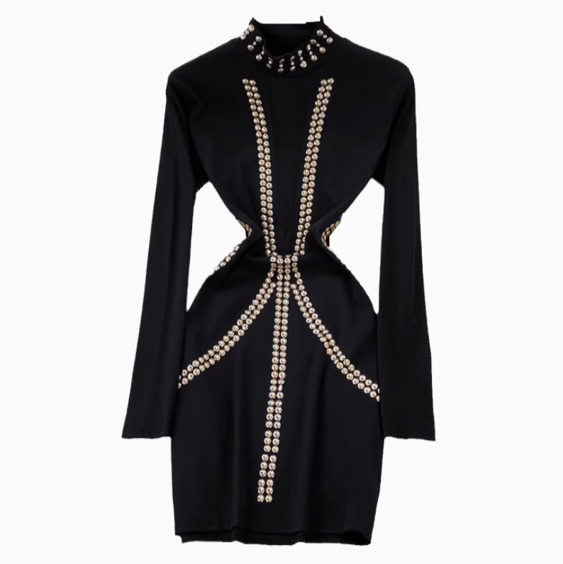 Vintage Rhinestone Studded Elastic Dress