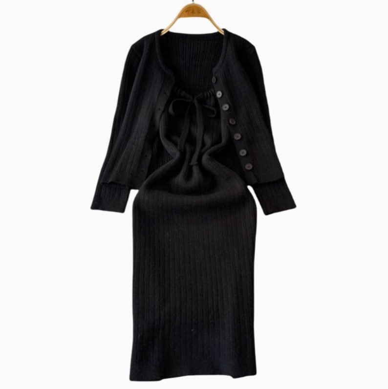 Cardigan&Lace-up Slip Dress Knitted 2Pcs