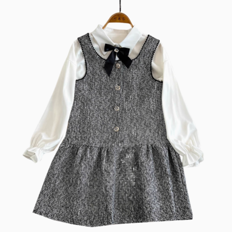 Tweed Vest Dress&White Shirt 2Pcs