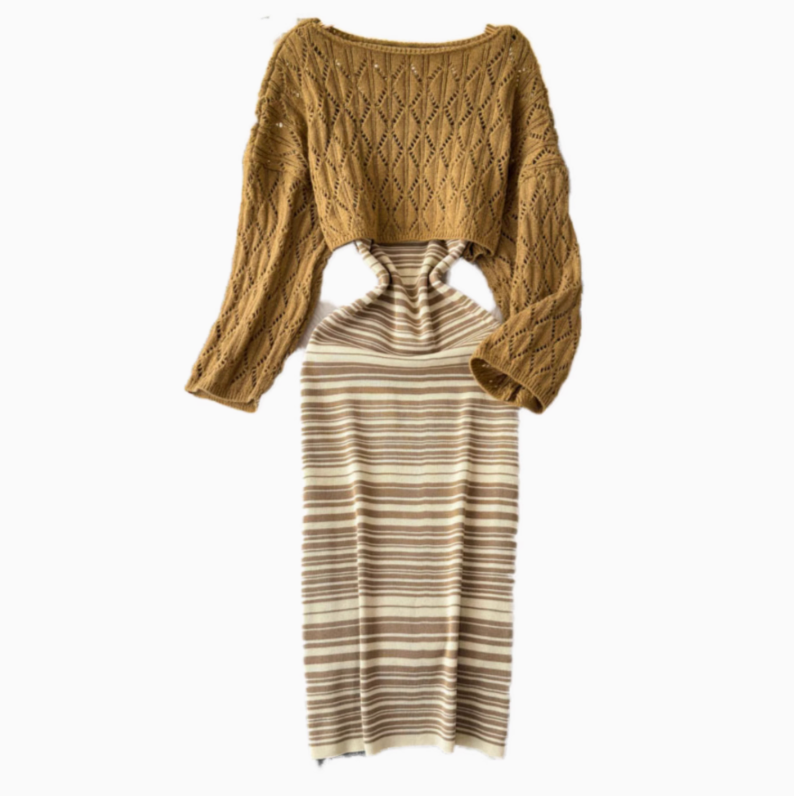 Striped Slip Dress&Hollowed Sweater 2Pcs