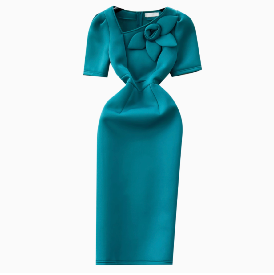 Slant Neckline Puffy Sleeve Dress