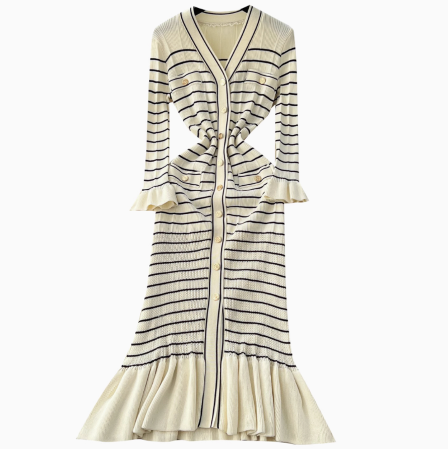 Vintage Striped Elastic Knit Dress