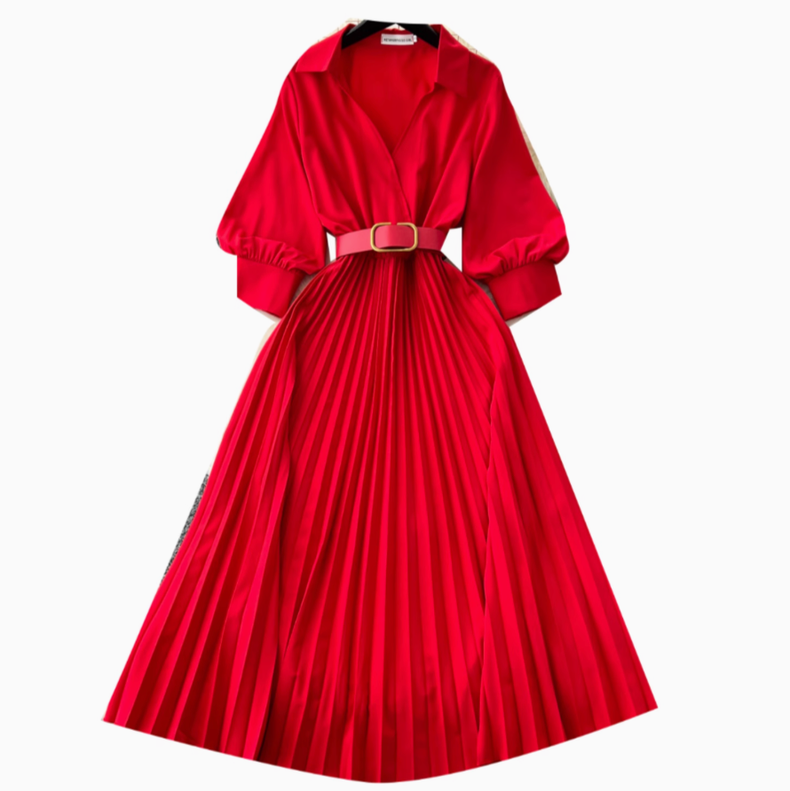 Lapeled Pleat Shirt Dress with Belt