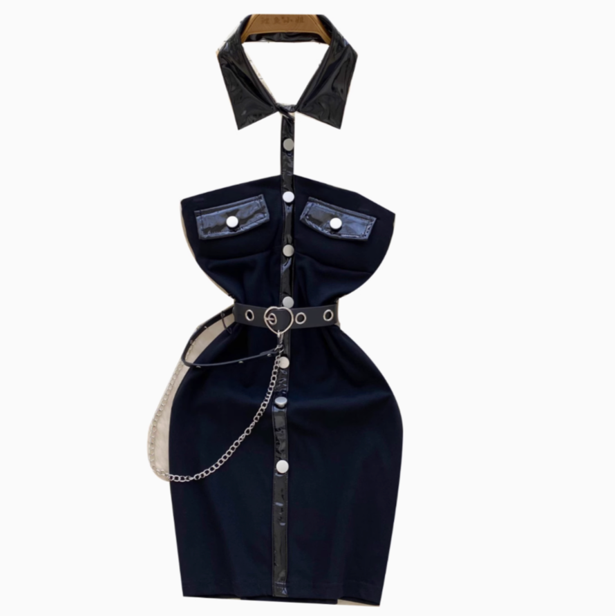 Hollowed Metal Button Black Dress