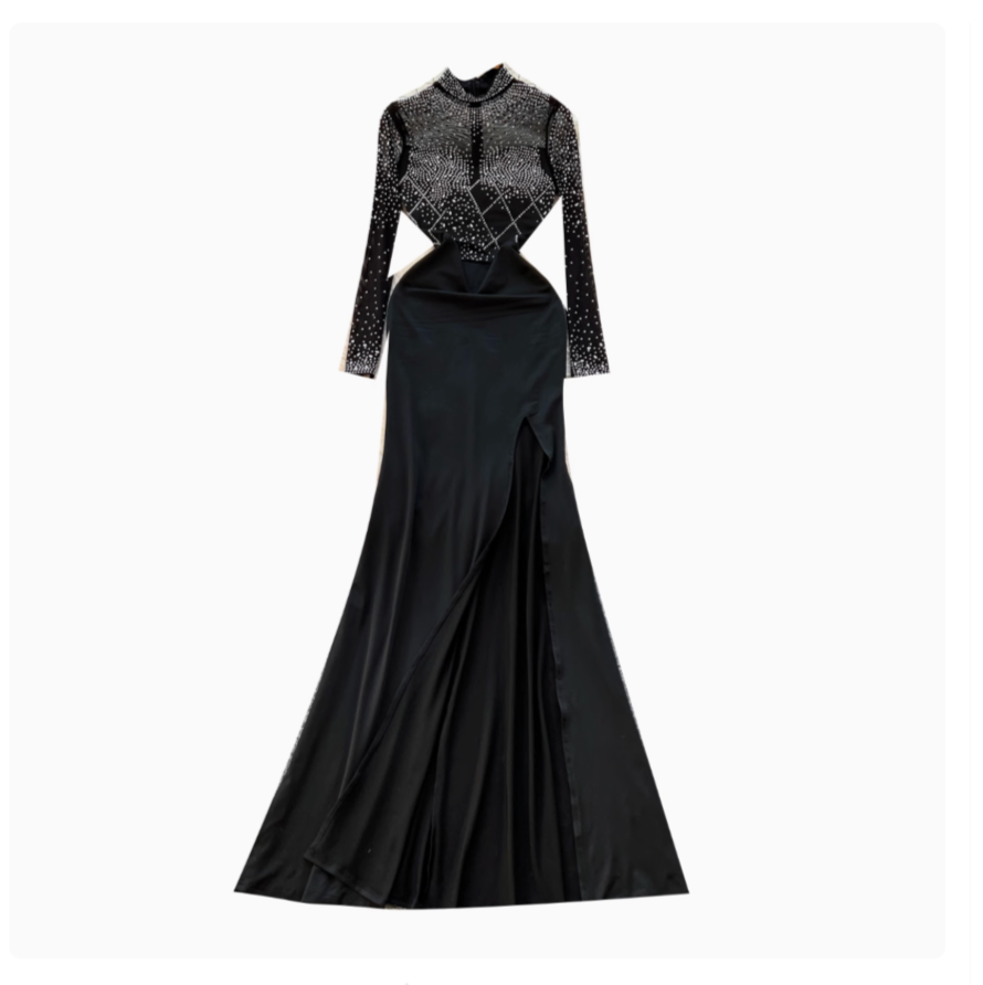 Rhinestone Studded Turtleneck Black Dress