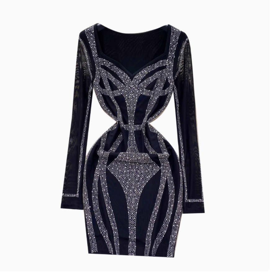Vintage Rhinestone Studded Black Dress
