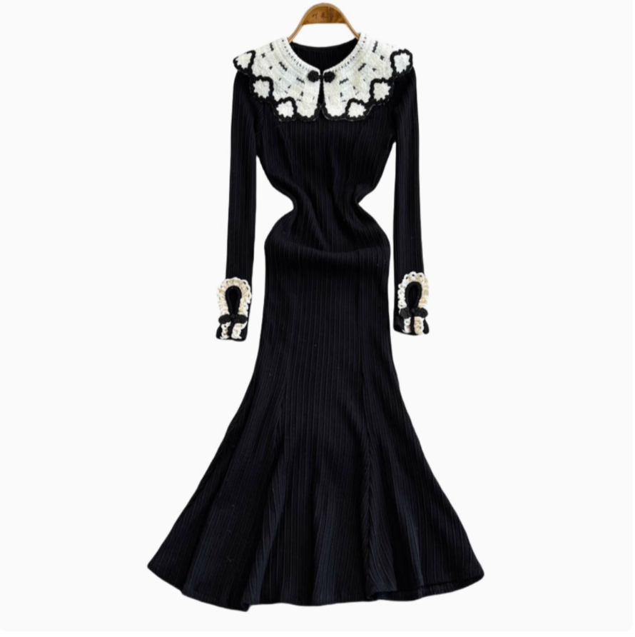 Niche Doll Collar Knitted Black Dress