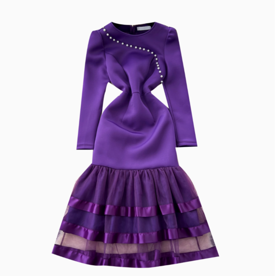 Puffy Sleeve Layered Mesh Hem Dress