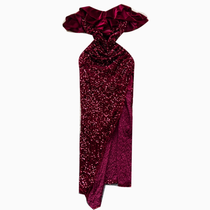 Ruffled Neckline Sequined Velvet Dress