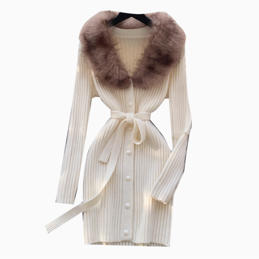 Furry Collar Lace-up Knit Dress