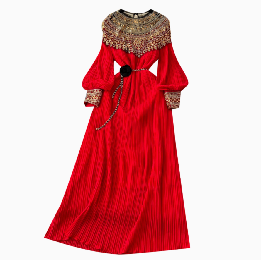 Ethnic Style Beaded Pleated Dress