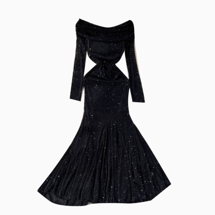Off-shoulder Sequined Black Dress