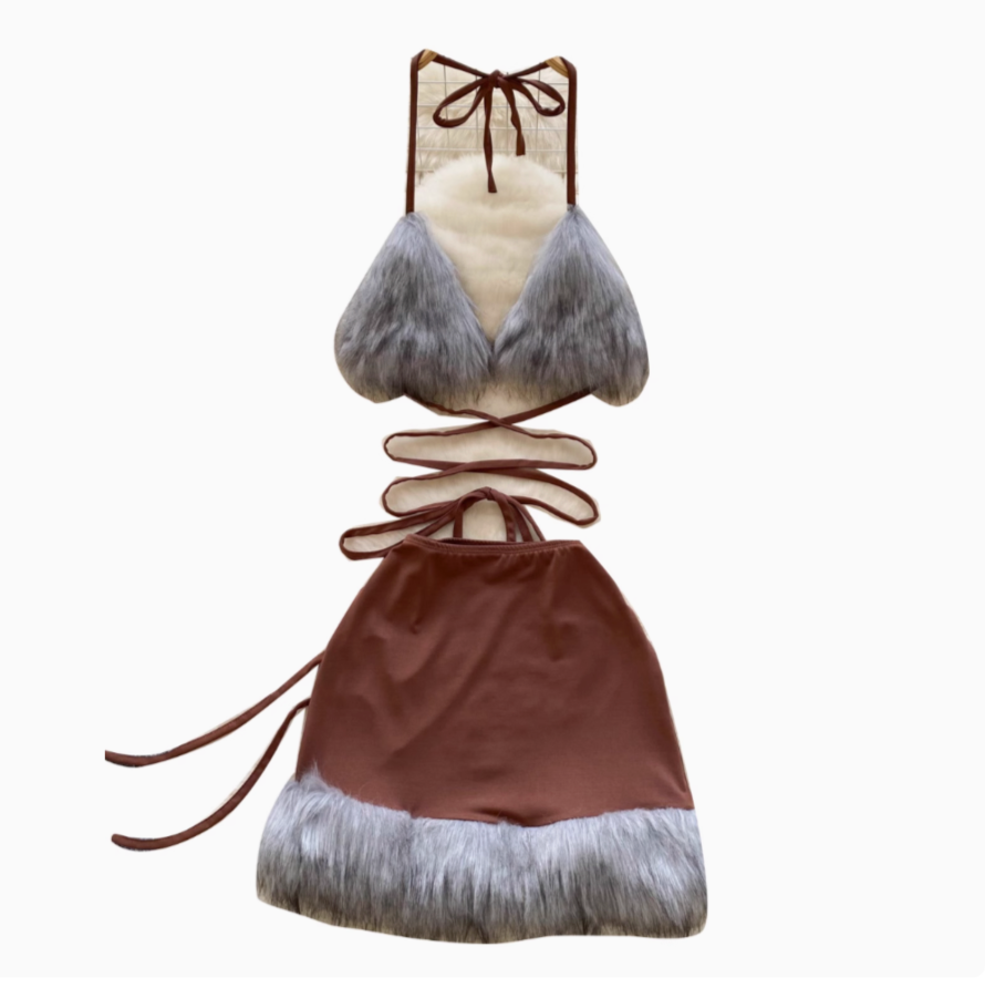 Sexy Furry Patchwork Lace-up Dress