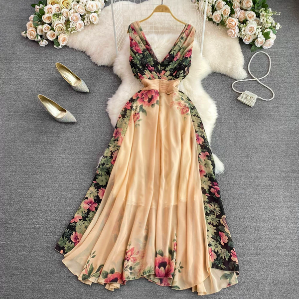 Elegant V-neck Floral Printed Dress