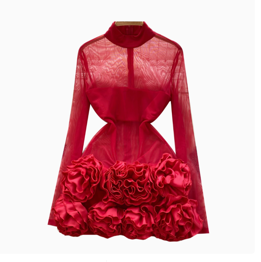 See-through Mesh 3D Ruffled Dress