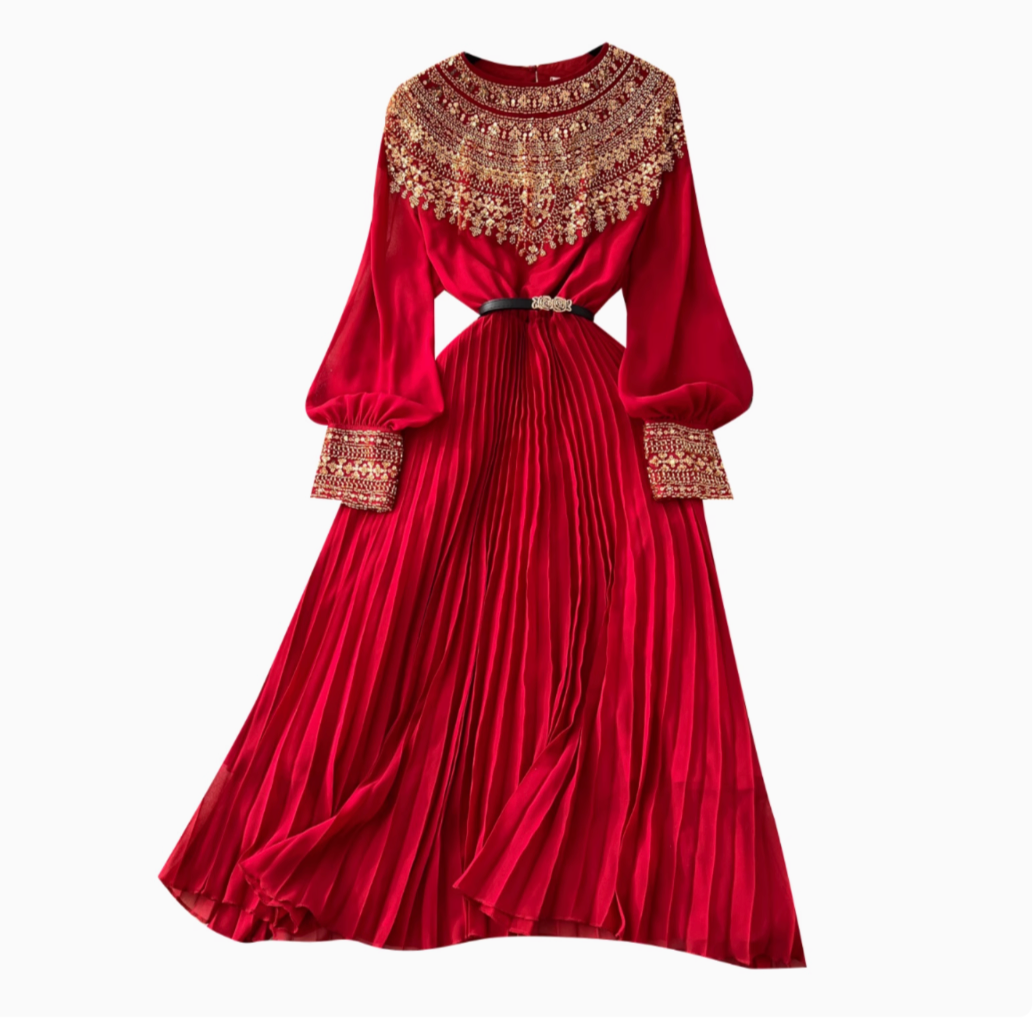 Premium Rhinestone Studded Pleated Dress