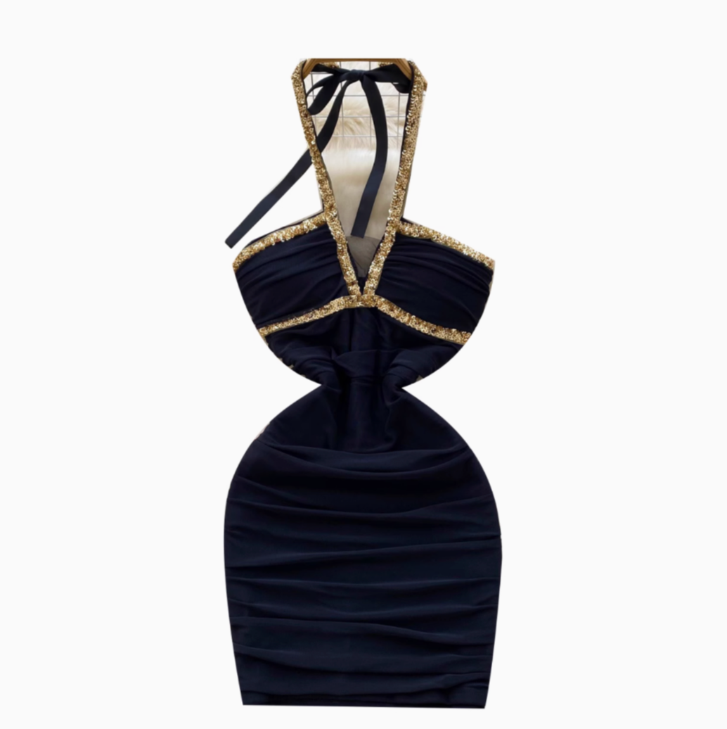 Deep V-neck Sequined Pleated Dress
