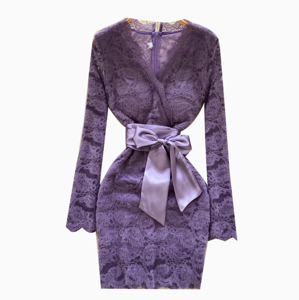 V-neck Embroidered Flocked Lace Dress