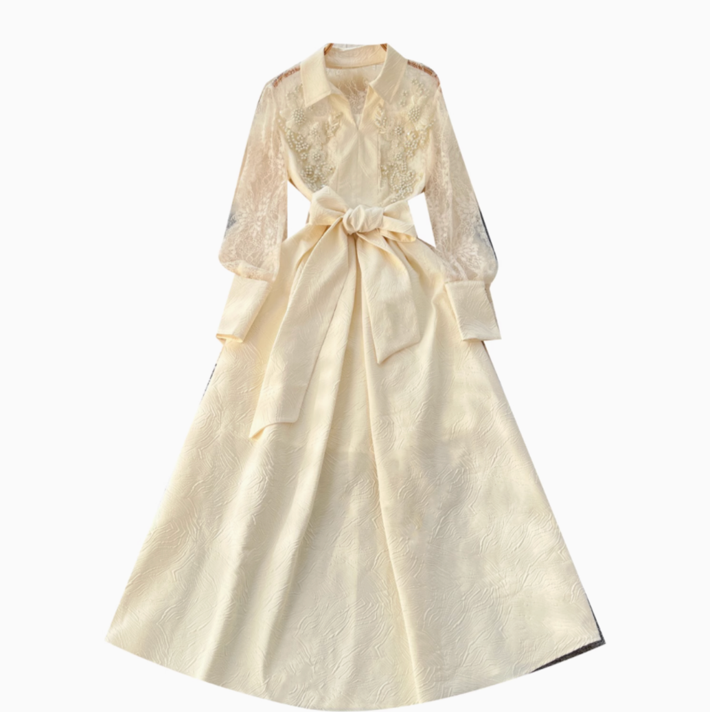 Vintage Polo Collar Embroidered Shirt Dress