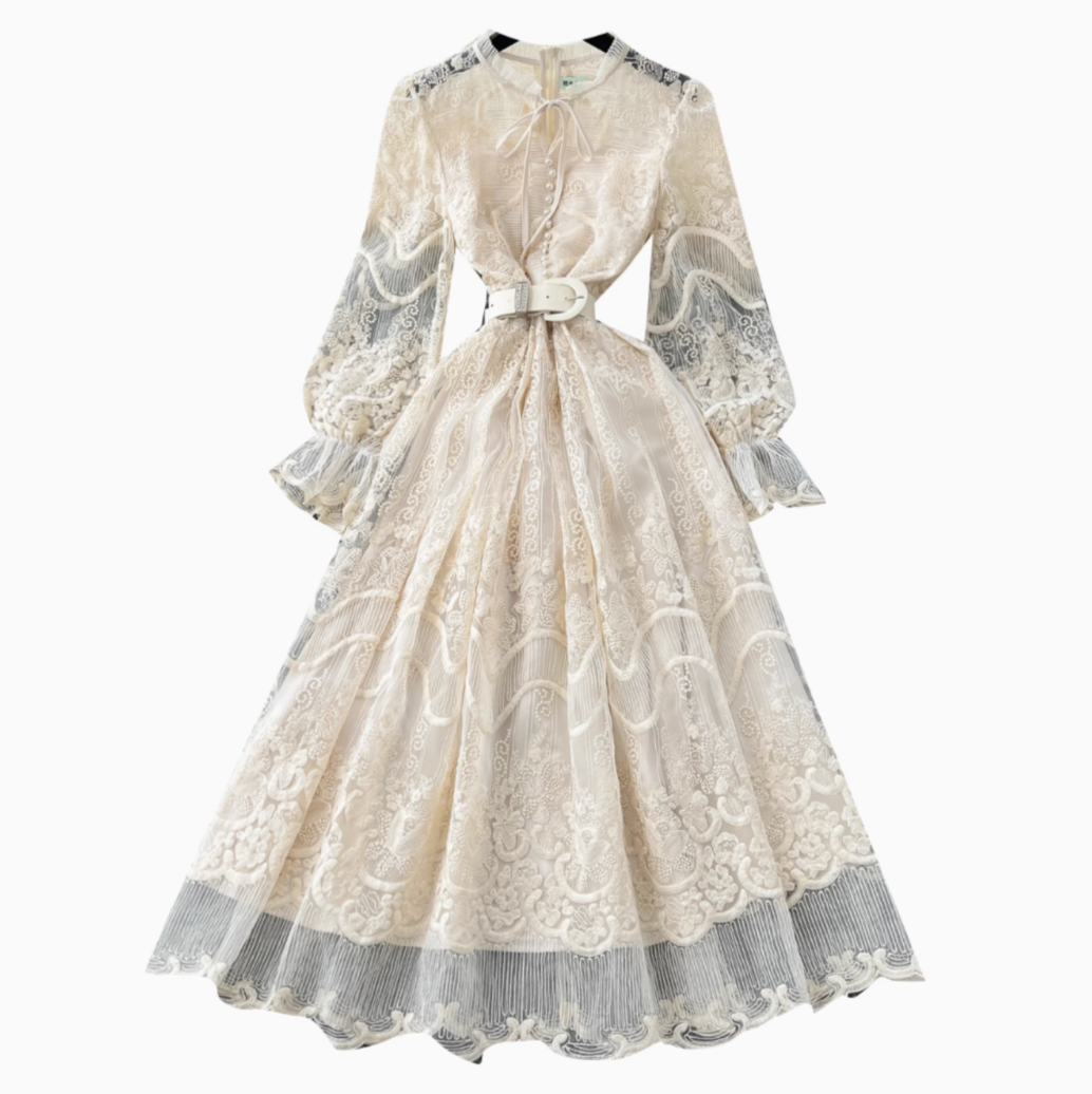 Embroidered Lace Apricot Shirt Dress