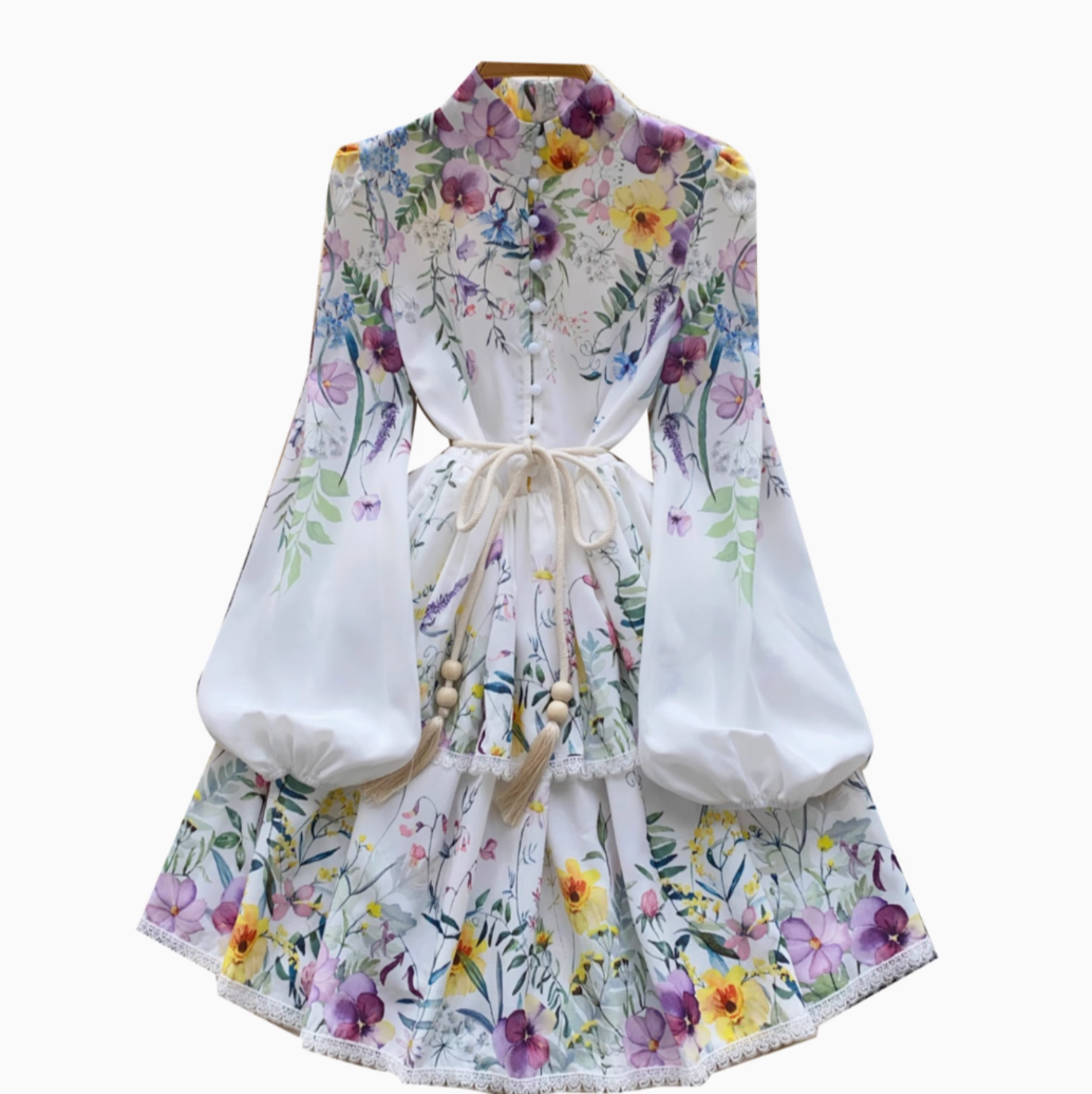 Stand Collar Floral Printed Shirt Dress