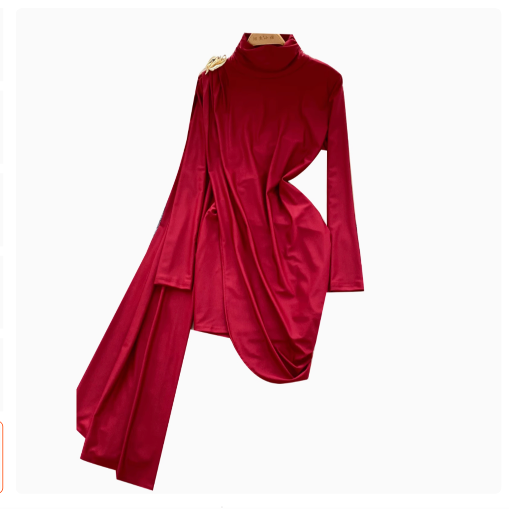 Irregular Design Turtleneck Dress with Ribbon