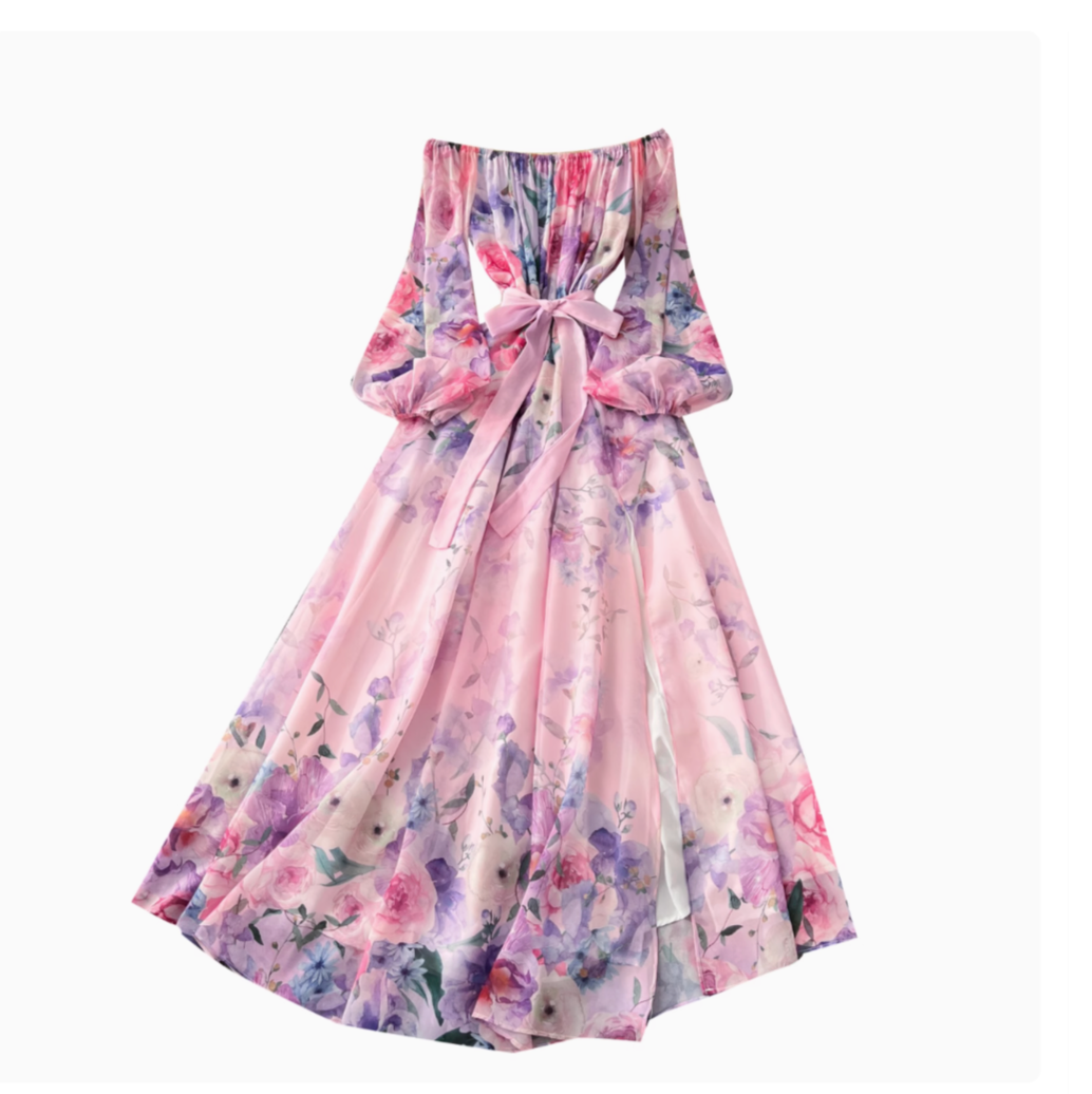 Off-shoulder Lace-up Floral Chiffon Dress