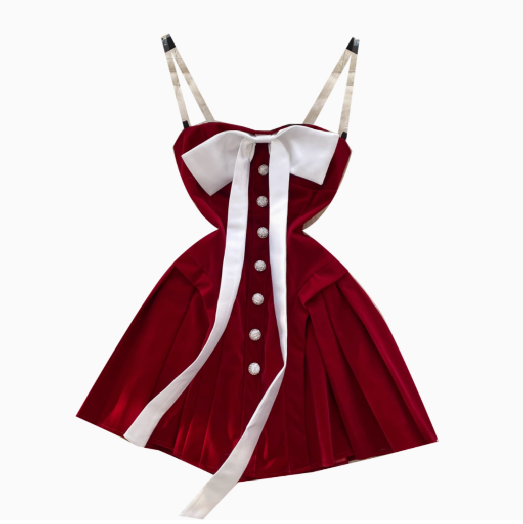 Strapless Color-blocking Bow Pleated Dress