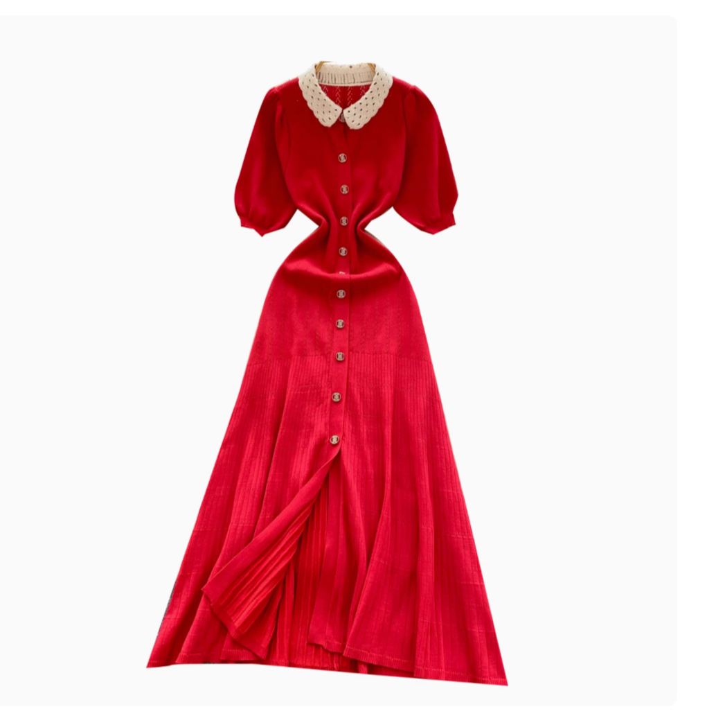 Doll Collar Single-breasted Knit Dress