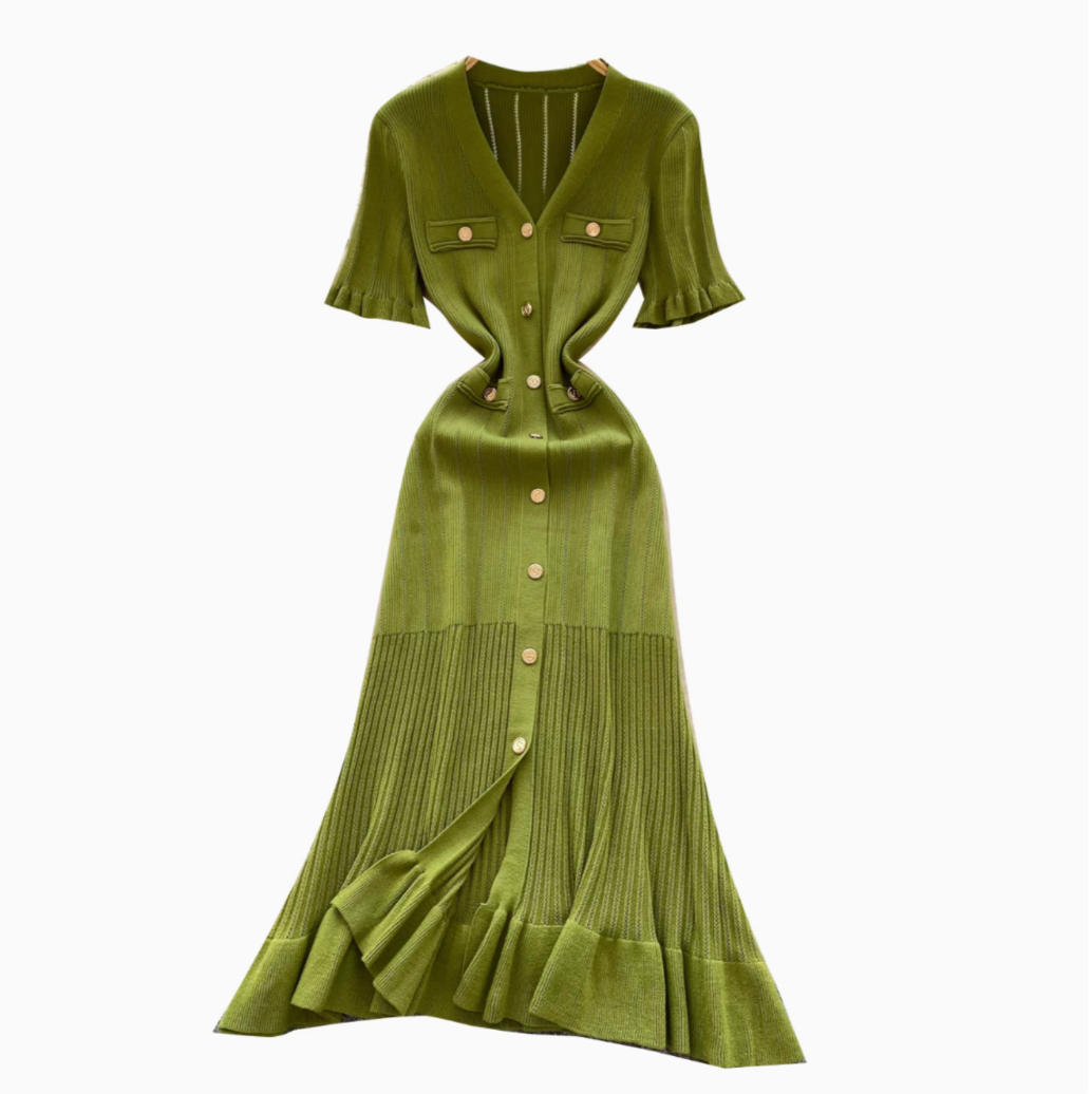 French Style V-neck Knit Shirt Dress