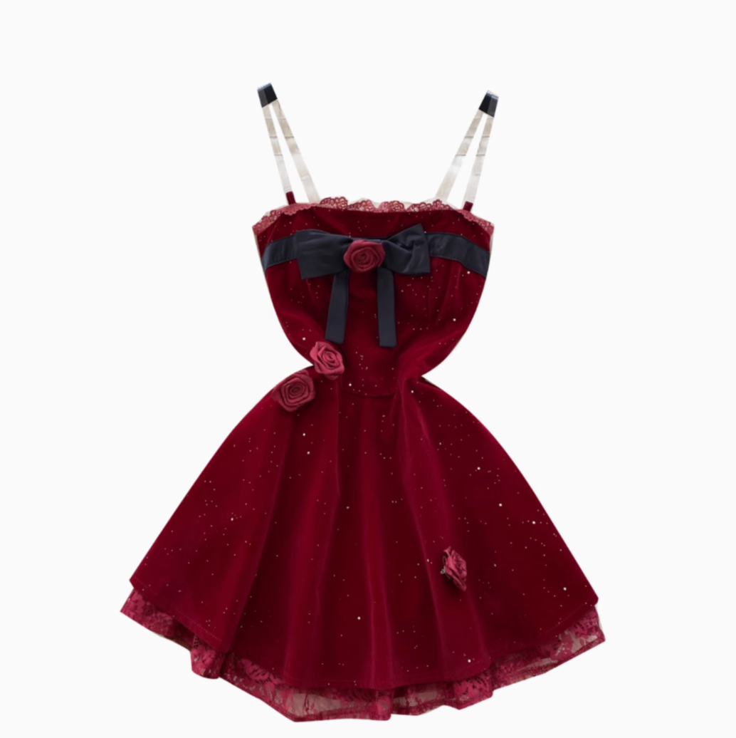 3D Rose Lace Patchwork Suede Dress