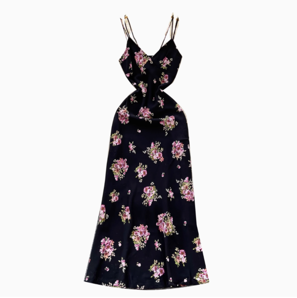 French Style Floral Black Slip Dress