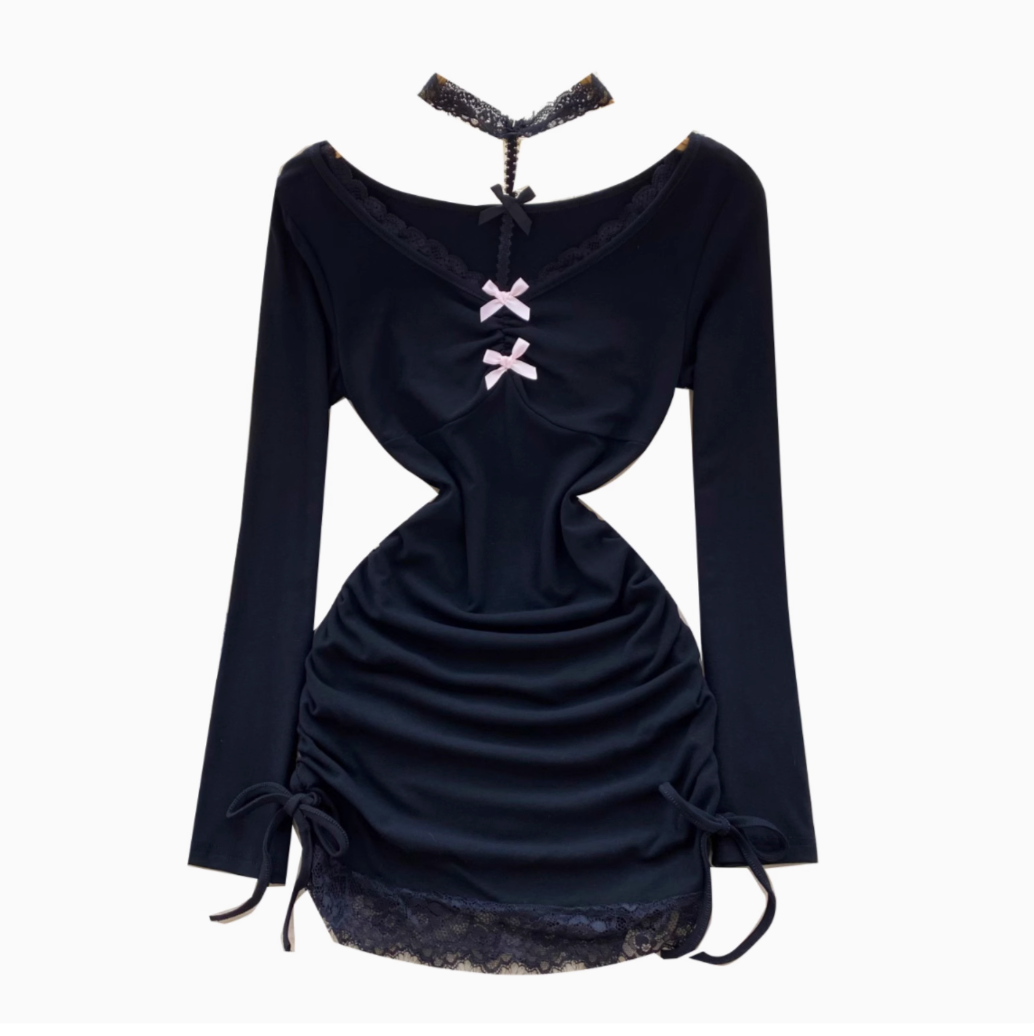 Lace Patchwork Drawstring Black Dress