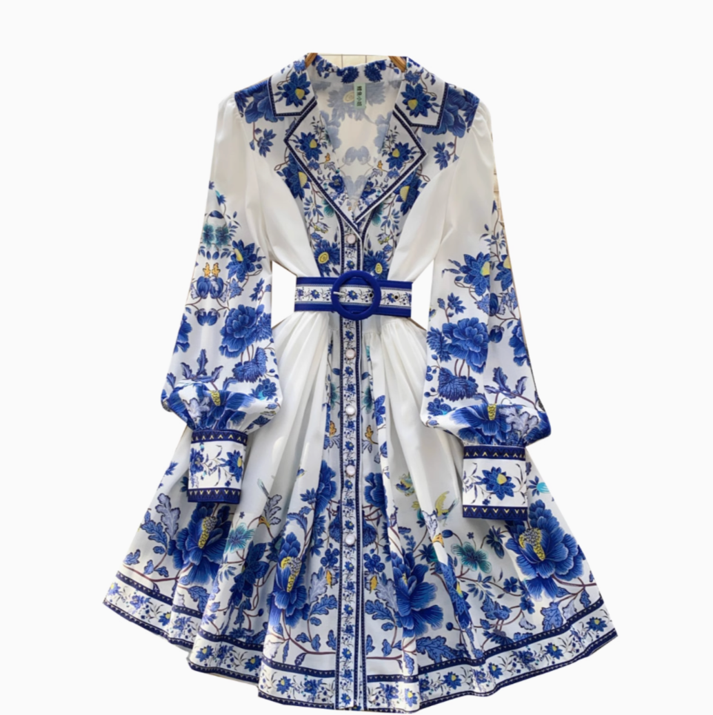 Suit Collar Printed V-neck Shirt Dress