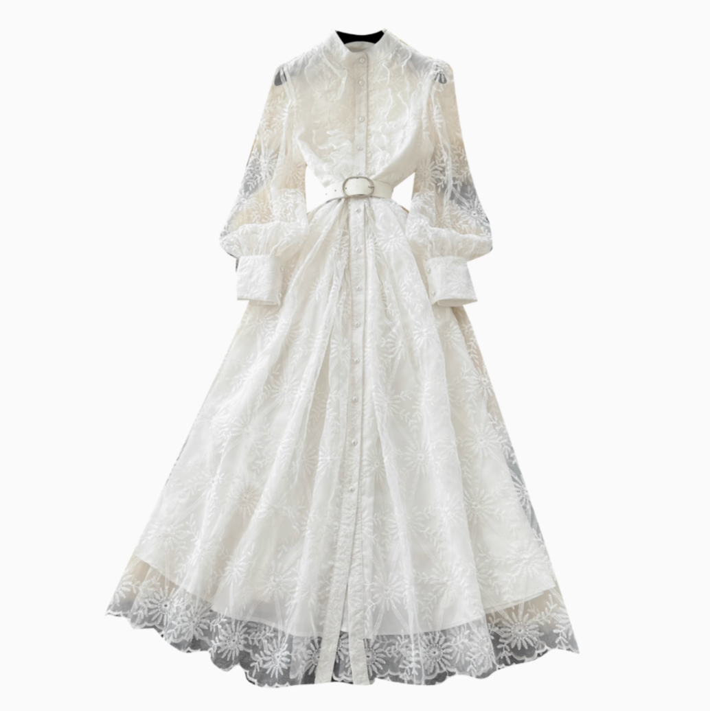 Vintage Ruffled Embroidery Shirt Dress