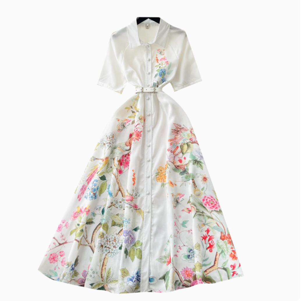 Polo Collar Floral White Shirt Dress