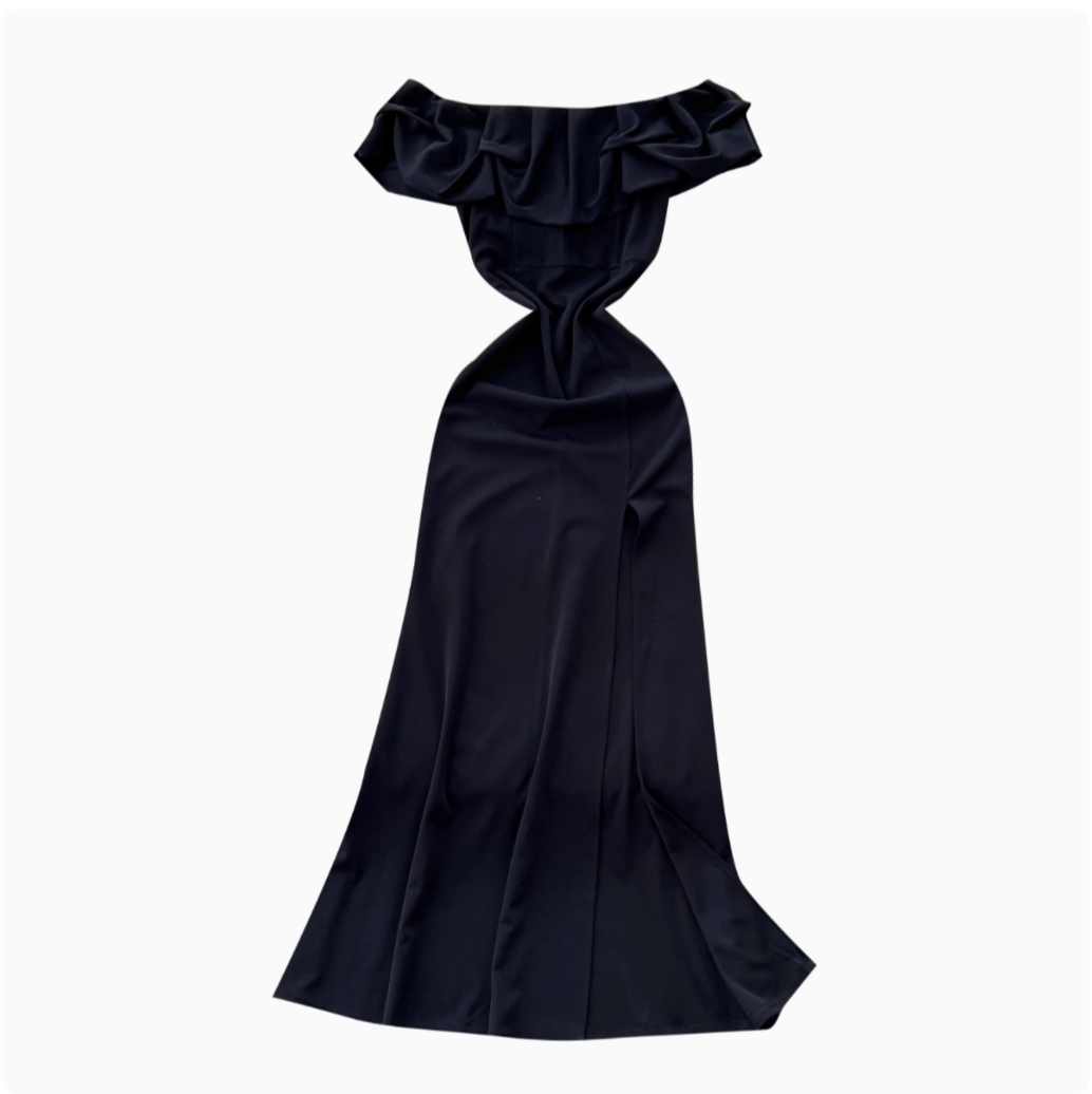 High-end Ruffled Neckline Black Dress