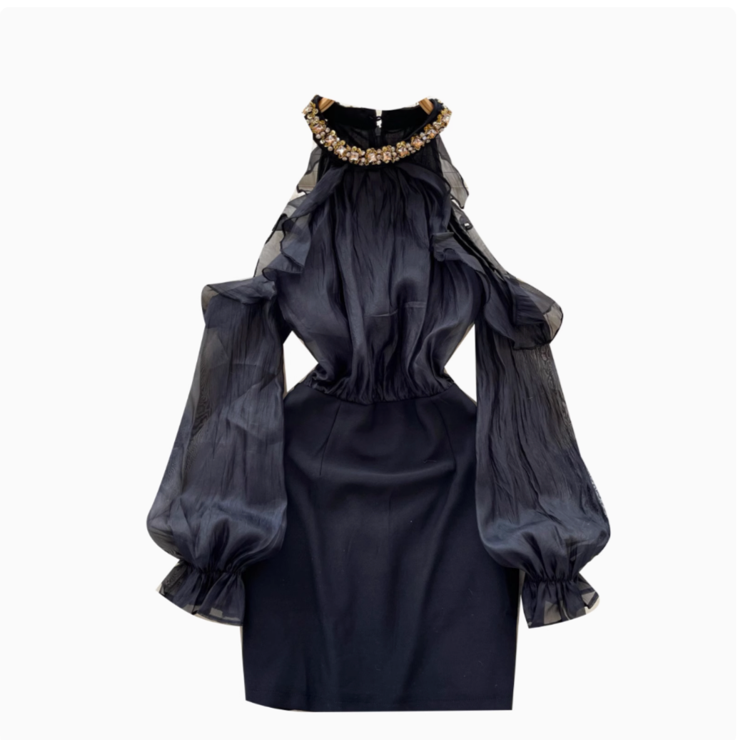 French Style Beaded Neckline Black Dress
