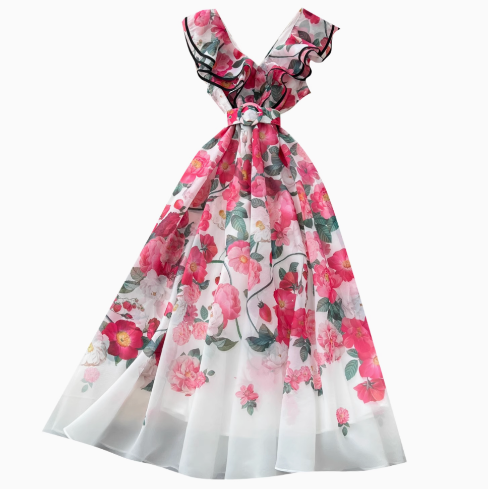 V-neck Ruffled Floral Printed Dress