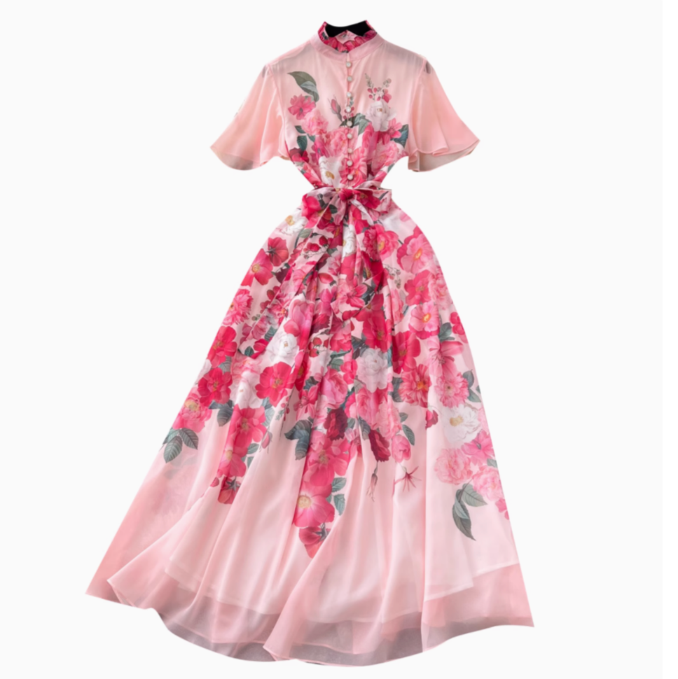Lace-up Floral Printed Chiffon Dress